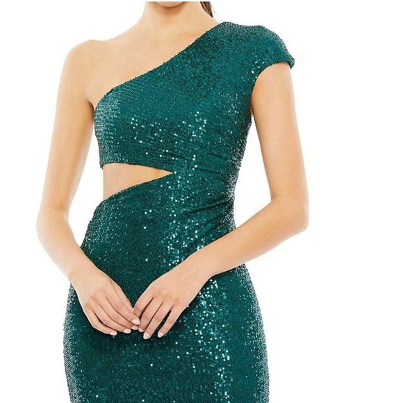 Mac Duggals Teal Green Sequined One Shoulder Cut Out Gown Women's Size 2 New - Picture 2 of 7